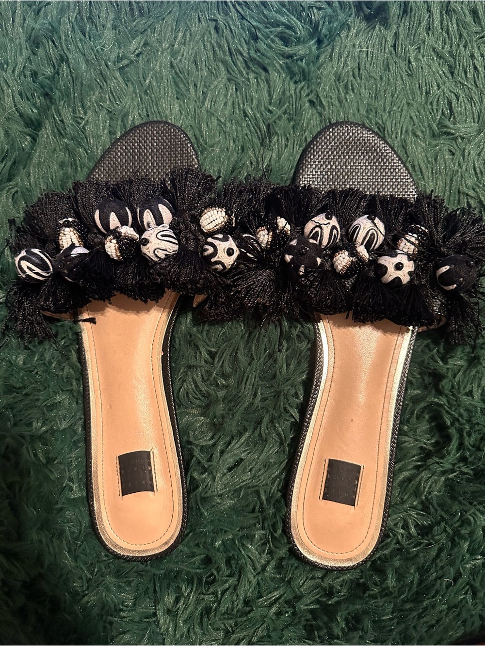 White House Black Market Black Beaded Fringe Pom Pom Slide Sandals - Women 11